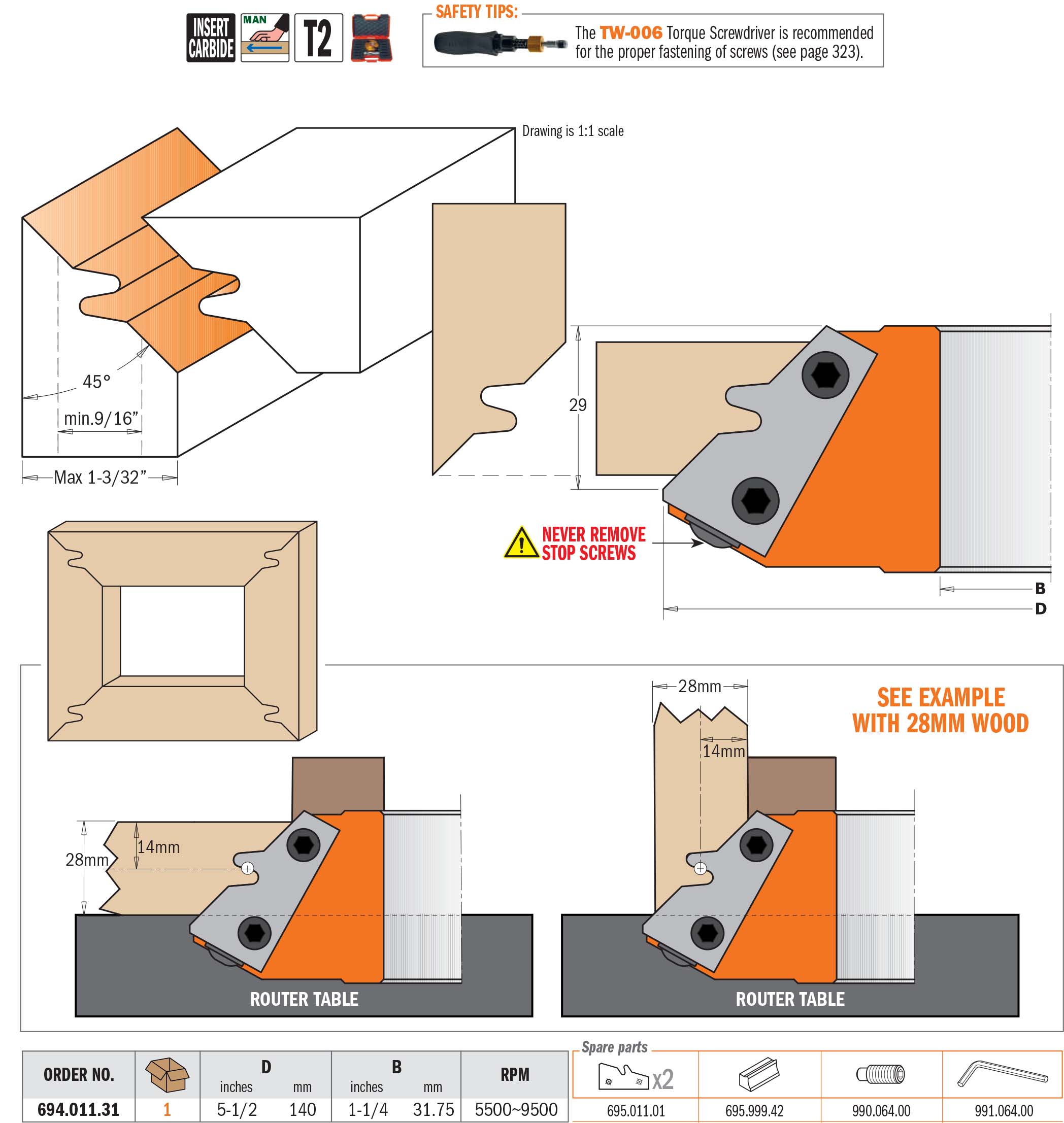 Forty-Five° Lock Miter Cutter Heads - Professional Cutter for Industrial Woodworking