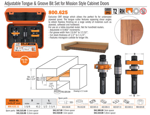 Adjustable Tongue & Groove Bit Set for Mission Style Cabinet Doors - Professional Router Bits & Sets for Industrial Woodworking