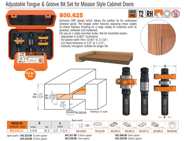 Adjustable Tongue & Groove Bit Set for Mission Style Cabinet Doors - Professional Router Bits & Sets for Industrial Woodworking