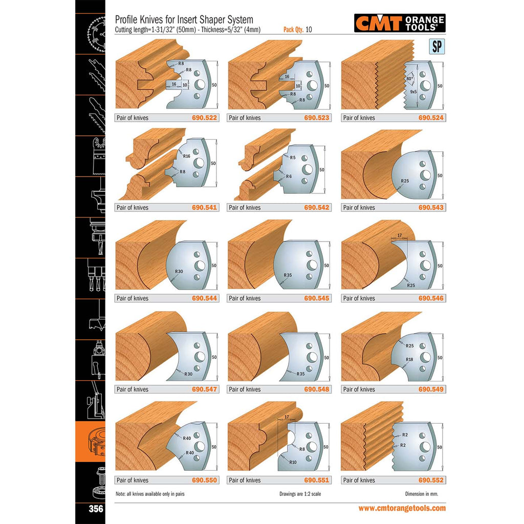 Profile Knives for Insert Shaper System 1-31/32” (50mm) - Thickness=5/32” (4mm) - Professional Knives for Industrial Woodworking