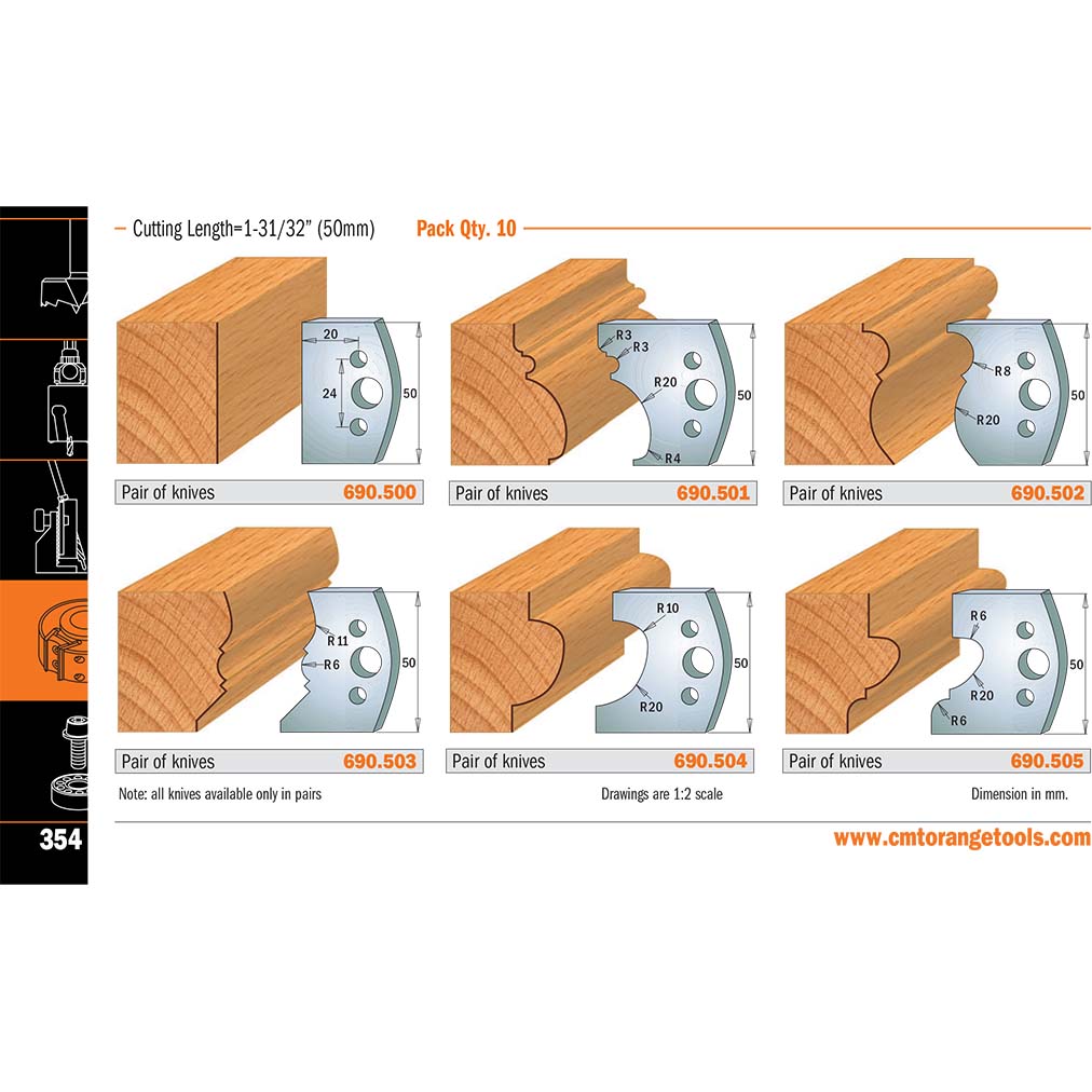 Profile Knives for Insert Shaper System 1-31/32” (50mm) - Thickness=5/32” (4mm) - Professional Knives for Industrial Woodworking